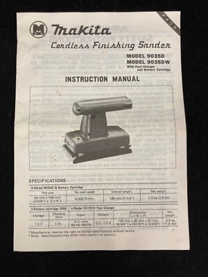 1985 MAKITA CORDLESS FINISHING SANDER 9035D & DW OWNER'S MANUAL & PARTS LIST - Image 1 of 2