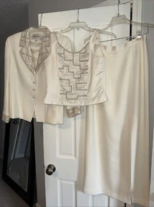 Albert Nipon Evening Beaded Ivory Jacket, Skirt & Top 3 Piece Suit Set Size 10 - Picture 1 of 13