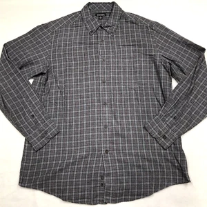 GEORGE Flannel Shirt Men L Gray Tattersall Plaid Chamois Cloth Dark Academia  - Picture 1 of 16