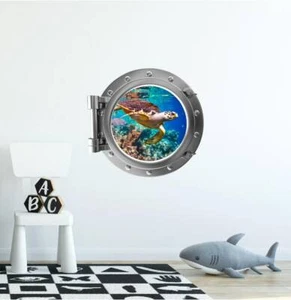PortScape Hawksbill Sea Turtle Ocean Porthole 3D Window Wall Decal Vinyl Sticker - Picture 1 of 3