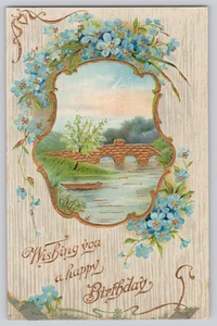 Postcard Wishing You A Happy Birthday Flowers, Bridge, Lake scene - Picture 1 of 3