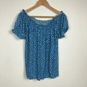 Ann Taylor LOFT Women's Floral Top Smocked Neck Blue White 100% Cotton Small - Picture 1 of 5