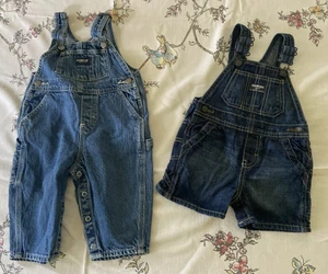 *2* Oshkosh B'Gosh Overalls Size 12 Months 1 Short 1 Long *pre-owned* Blue Denim - Picture 1 of 8