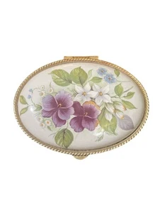 Vintage Oval Mauve Floral Design Porcelain Gold Tone Hinged Pill Trinket Box - Bild 1 von 9