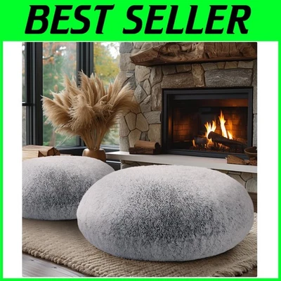 Travesseiros de chão redondos grandes de pele sintética macia, cinza claro - Imagem 1 de 4