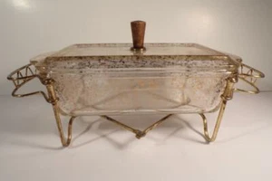 Fire King Geo. Briard Gold Spatter Casserole Pan w/ Tomado Holland Holder Stand - Picture 1 of 7