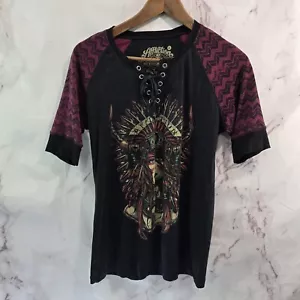 Affliction T Shirt Women Medium Black Red Tee Short Sleeve Criss Cross Feather - Picture 1 of 11