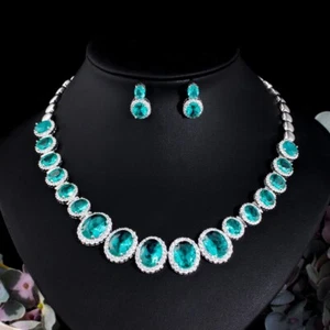 New 2 pcs Women Jewelry Set Luxury Lake Green Citrine Gems Necklaces Earrings - Picture 1 of 6