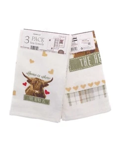 Highland Herd. Pack de 3 toallas de té de terciopelo Highland Cow Design. 100% algodón - Imagen 1 de 2