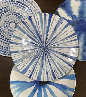 X4 MAX STUDIO NEW!!! BOHO MELAMINE 10.5” Dinner Plates Watercolor Blue Abstract - Image 1 of 4