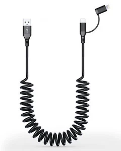 Coiled USB To USB C Lightning Cable 2 In 1 MFi iPhone 16 15 Car Charger 3A Fast - Picture 1 of 7