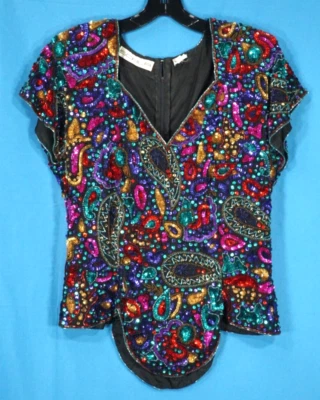 Винтажный Scala вечер верхний бисер на черный шелк Jewel тона PAISLEY зубчатый кромки L - Изображение 1 из 4