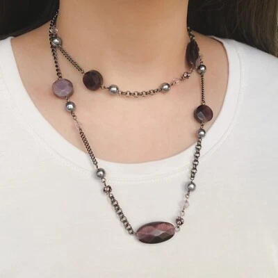 Collar Avon 40" Deep Royal Purple Catseye Perla Cuentas Cadena Negra Capas Foto 1 de 4