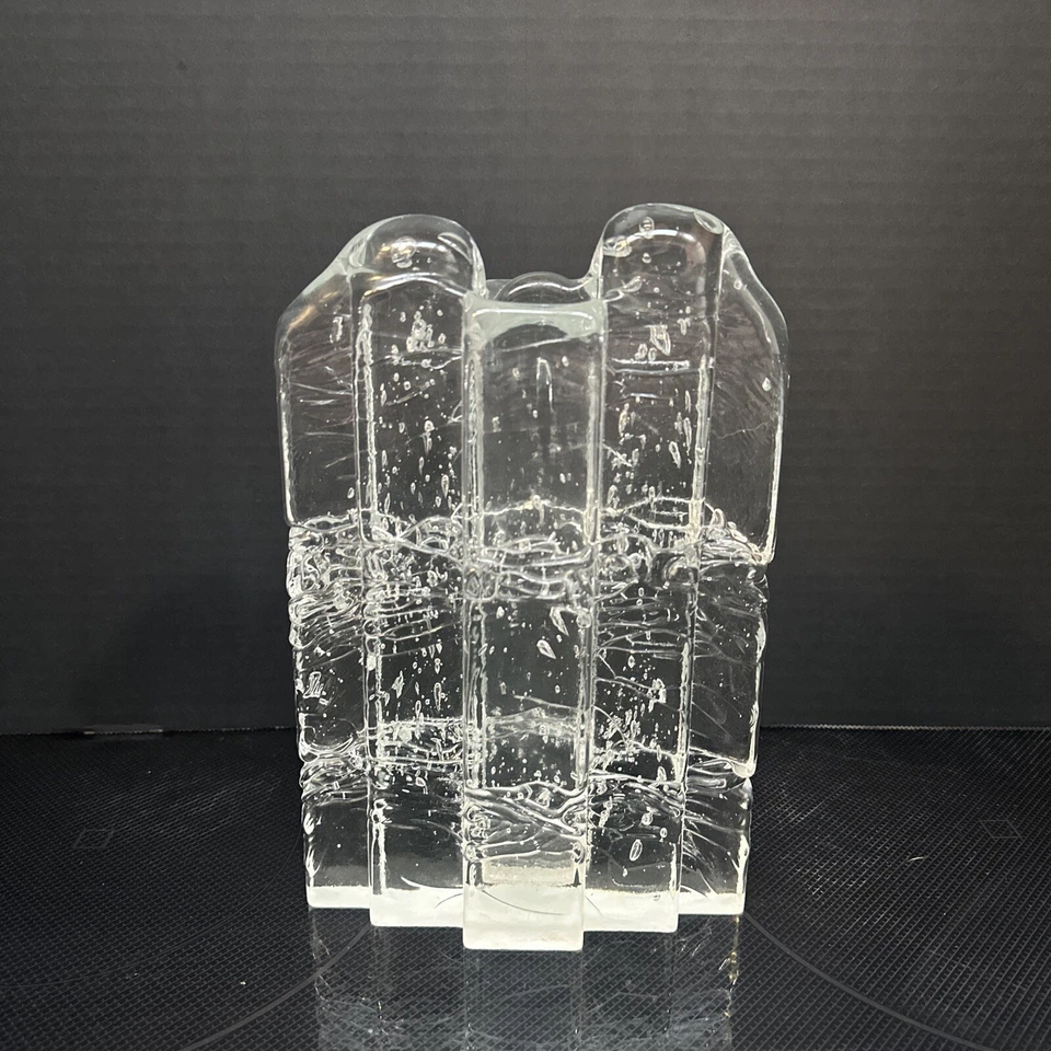 "Florero de bloque de hielo de vidrio artístico de estudio con luz de vidrio firmado vintage 9""" Foto 1 de 4