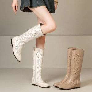 Mujer Moda Cuero Recorte Costuras Ocultas Cuña Hasta la Rodilla Botas Zapatos JWKL - Imagen 1 de 14