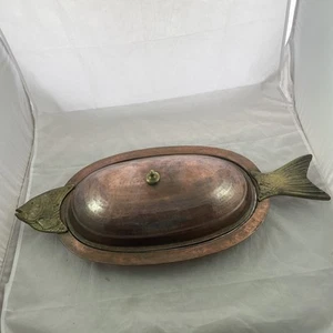 Hammered Copper, Stainless & Brass Fish Plate with Lid Poacher Server Large - Picture 1 of 14