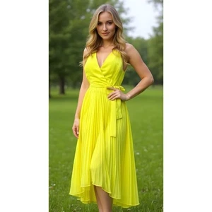 Abito donna BCBG Paris Alyssa nuovo con etichette taglia 6 giallo plissettato hi-low party dress - Foto 1 di 5