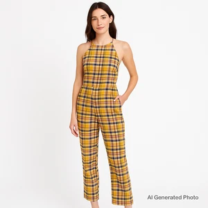 Urban Outfitters Hattie Plaid Jumpsuit Yellow Blue Size 6 NWT Linen Blend Indie - Picture 1 of 10