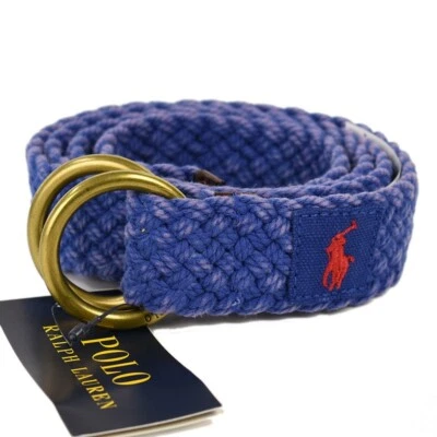 POLO RALPH LAUREN Weathered Blue Braided Cotton Leather Trim O Ring Belt L NWT - Image 1 of 2