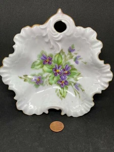 Vintage Hand Painted Dish 1957 Gold Trim Floral Scalloped Edges w/finger hold - Picture 1 of 8