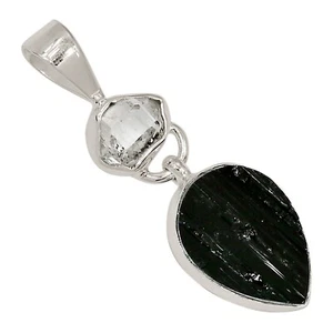 Natural Black Tourmaline & Herkimer Diamond 925 Silver Pendant ALLP-29561 - Picture 1 of 1