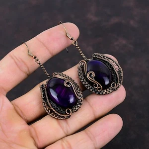 Purple Fire Labradorite Copper Wire Wrapped Drop/Dangle Earrings For Women 2.76" - Picture 1 of 6