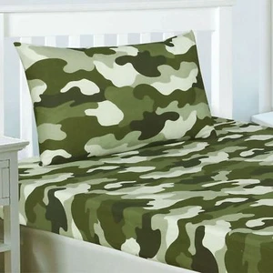 ARMY CAMOUFLAGE DOUBLE FITTED SHEET & TWO PILLOWCASES SET KHAKI GREEN CAMO - Picture 1 of 1