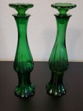 Two Avon Vintage Emerald Green Glass Bud Vase w/ Stopper Cologne Bottles