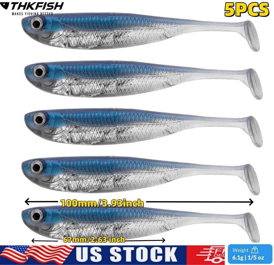 THKFISH 5Pcs Soft Plastic Swimbait Lifelike Fishing Lures Minnow Bass Bait Paddle Tail