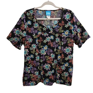 Scrub H.Q. Women Round Neck Floral Short Sleeve Pullover Medical Scrub sz L - Picture 1 of 7