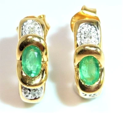 Ohrringe  Halb-Creolen  585 Gold 0.60 ct Smaragd  Diamanten 13,6 x 5,0 mm 5gr - Bild 1 von 4