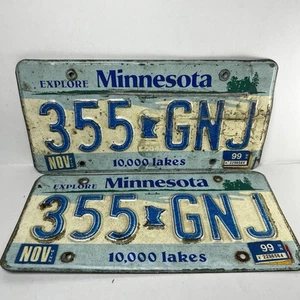 Vtg Minnesota 1999 Auto License Plate Set 355 GNJ Man Cave Decor Garage - Picture 1 of 3