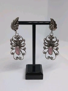 Stunning Vintage Silver Rose Quartz Filigree Dangle Georg Jensen Style Earrings - Picture 1 of 8