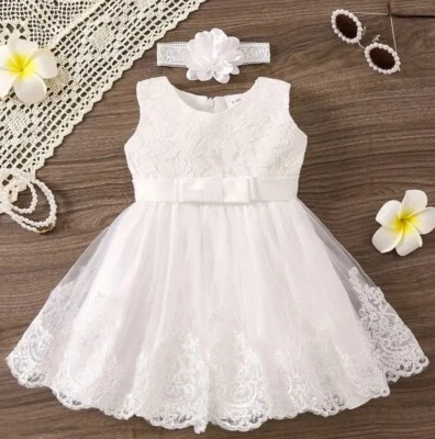 Baby Girl Sleeveless White Lace Bow Dress Two Piece Dress And Elastic Headband - Image 1 of 3