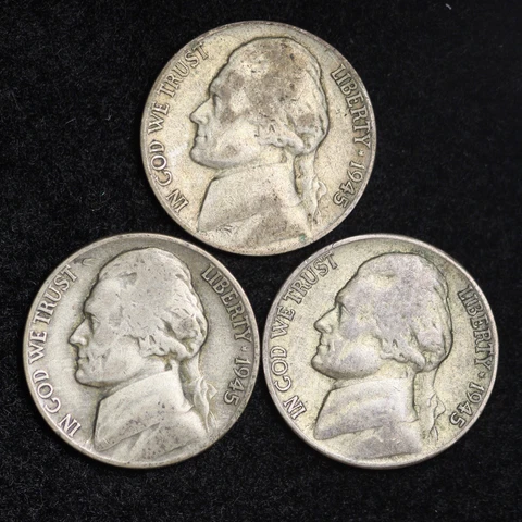1945 P D S Jefferson Nickel Set (3 Coin Lot) Silver War Nickels Nice GOOD / VG Cover