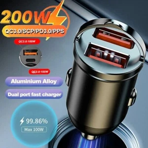 200W Dual Port Mini USB Car Charger Ultra Fast Charging Cigarette Lighter Socket - Picture 1 of 9