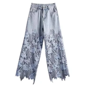 Dama Floral Hueco Pierna Ancha Pantalones de mezclilla Encaje Empalme Jeans Pantalones rectos - Imagen 1 de 6