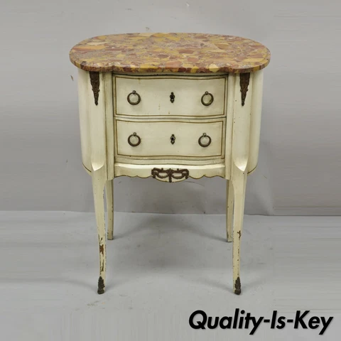 Antique French Louis XV Rouge Marble Top Painted Bombe Nightstand Side Table Cover