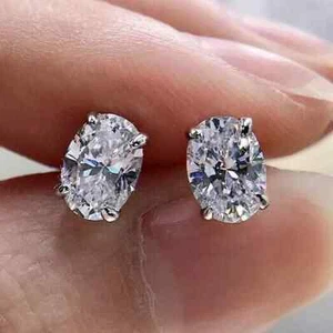4Ct Oval Cut Lab-Created Diamond Solitaire Stud Earrings 14K White Gold Plated - Picture 1 of 9