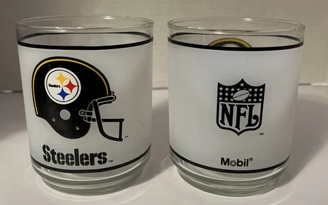 TWO NFL PITTSBURGH STEELERS MOBIL 4" FROSTED DRINKING GLASSES. NICE! Cover