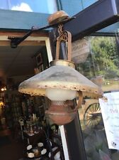 Antique Vtg Rust Tin metal brass Tone swag hanging Farm lamp Glass Chimney Light