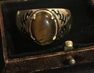 Vintage Style Natural Tiger Eye Stone Ring 14K Gold Plated For Men - Picture 1 of 3
