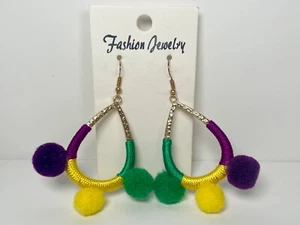 Mardi Gras Large Statement Earrings Green Gold Purple Hook Dangle - Picture 1 of 6