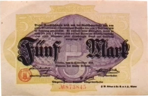 1918 Germany ALTONA 5 Mark Banknote - Picture 1 of 2