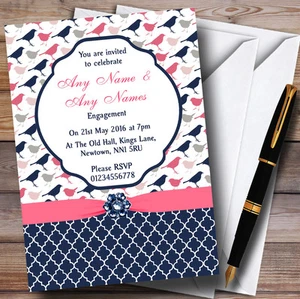 Navy Blue & Coral Pink Birds Personalised Engagement Party Invitations - Picture 1 of 1