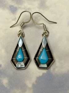NAVAJO Otis Douglas OD Sterling Silver Turquoise Onyx Pearl Inlay 925 Earrings - Picture 1 of 2