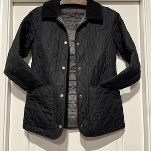 Barbour Quilted Jacket Corduroy Field Coat Size 8 Plaid Lining Black - Picture 1 of 8