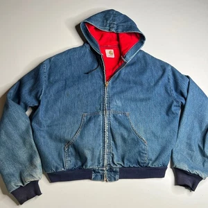 80s Vintage Carhartt Workwear Denim Bomber Jacket L Scovill Zipper Red Lined - Picture 1 of 10