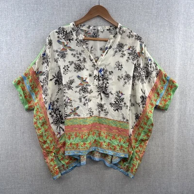 Johnny Was Silk Blouse Top Small Relaxed Rainbow Birds Printed Short Sleeve Boho - Image 1 of 4