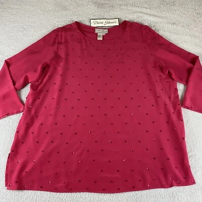 Diane Gilman Womens Tunic Top Sz 3X Bright Pink Silk Sequin Blouse Pullover NWT - Image 1 of 4